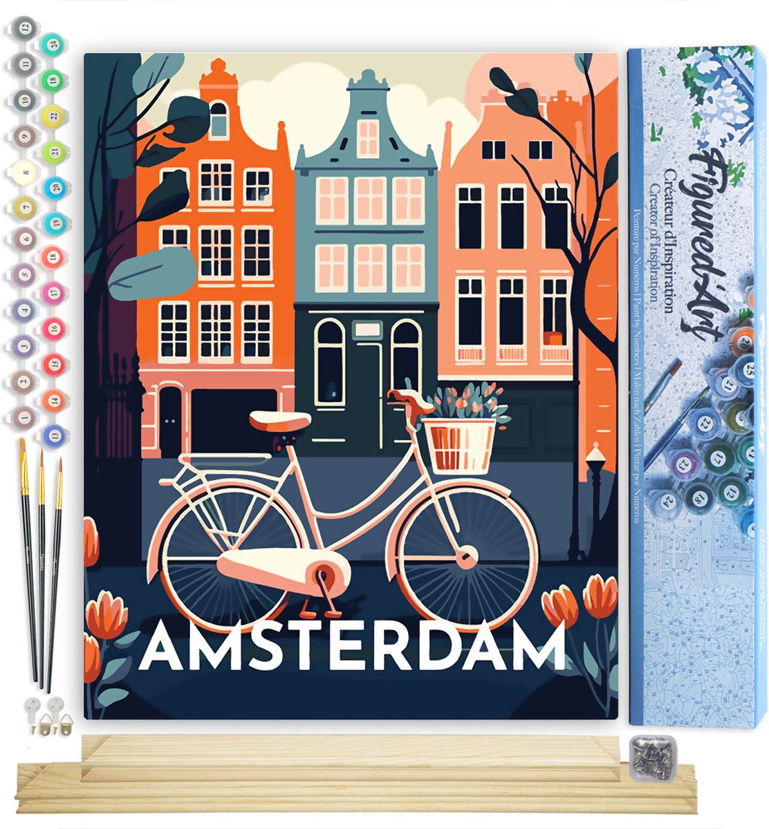 FiguredArt Schilderen op Nummer Volwassenen canvas Reisposter Amsterdam- Handwerk acrylverf Kit DIY Compleet - 40x50cm met DIY houten lijst